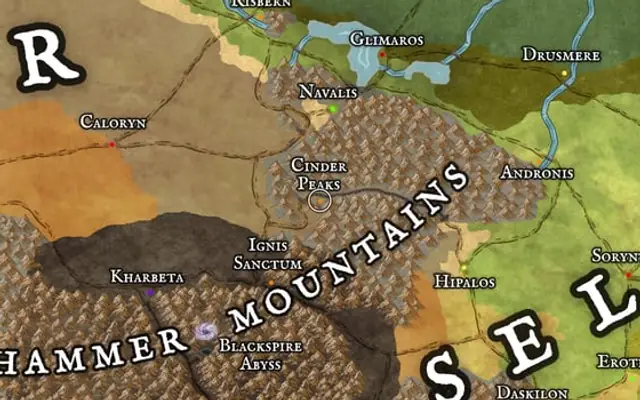 Cinder Peaks on the map of Kworgale